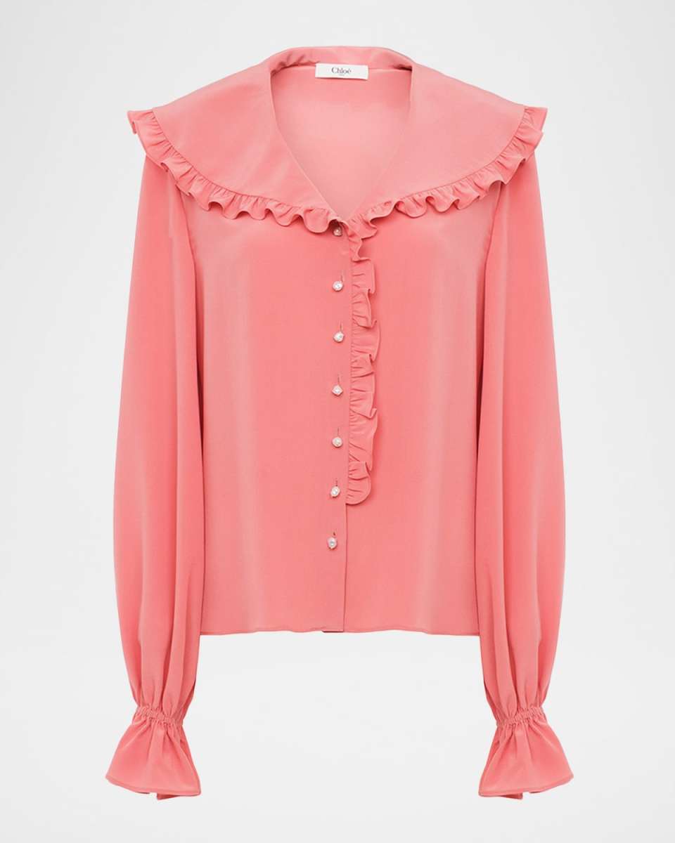 Bertha-Collar Ruffle Button-Down Silk Blouse